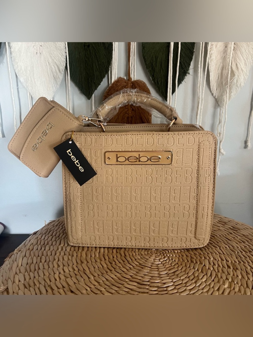 bebe Embossed Logo Top-Handle Satchel in Beige